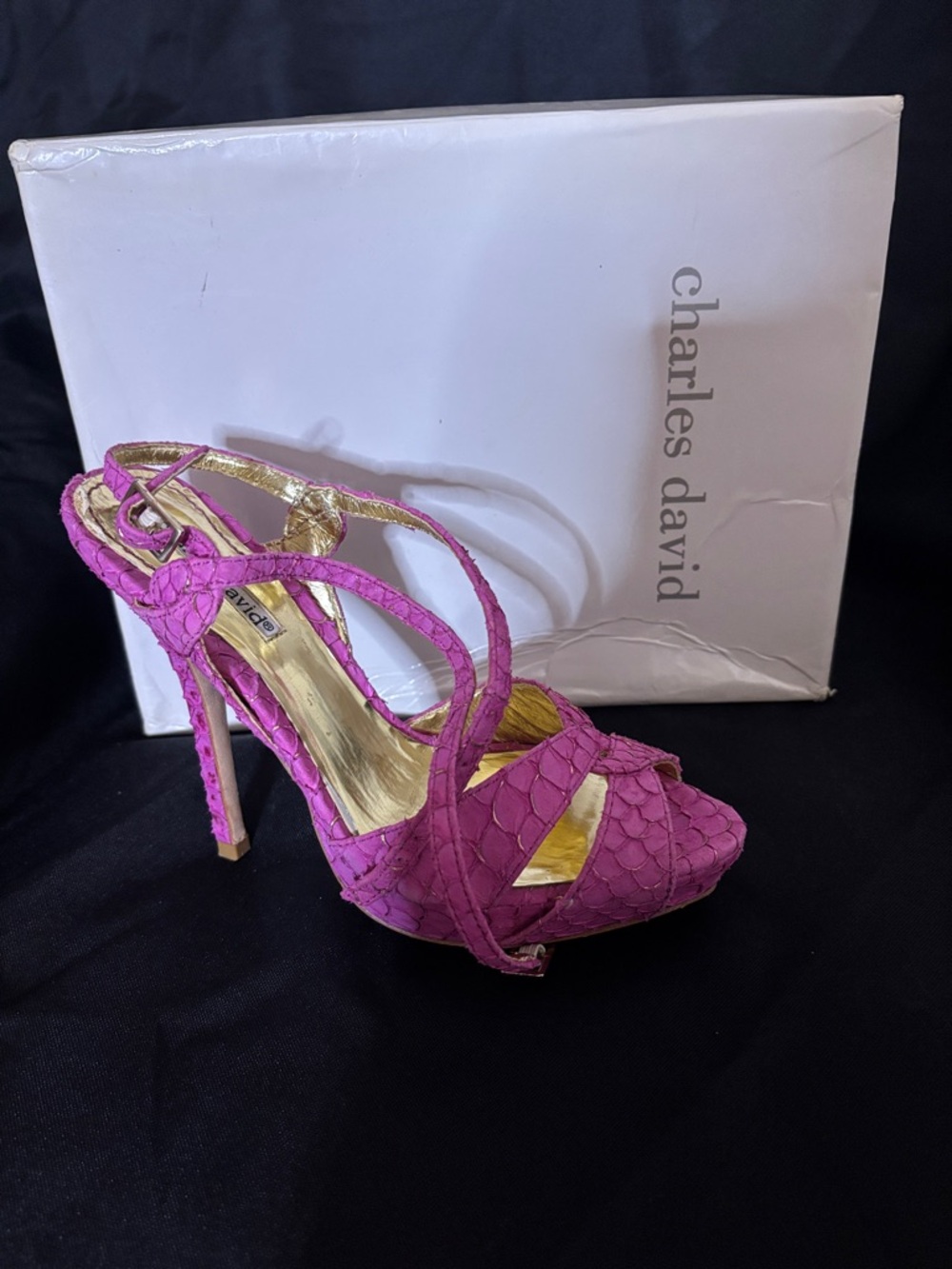 Charles David Pink Snake-Embossed Strappy High Heel Sandals